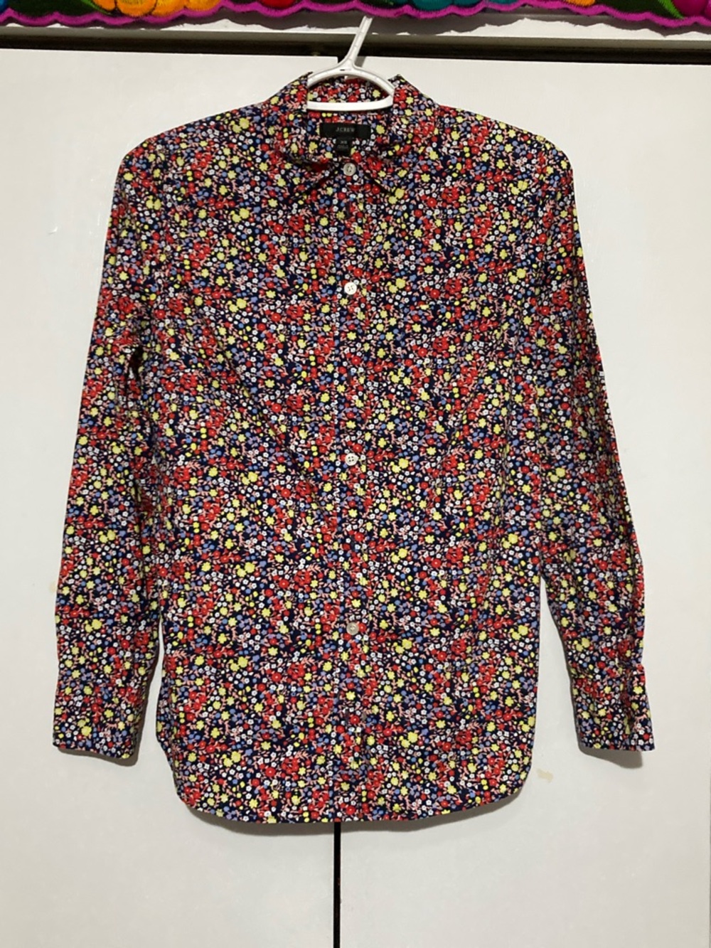 J. Crew XS Ditsy Floral Button-Down Shirt Primary Color Palette Red Yellow Blue